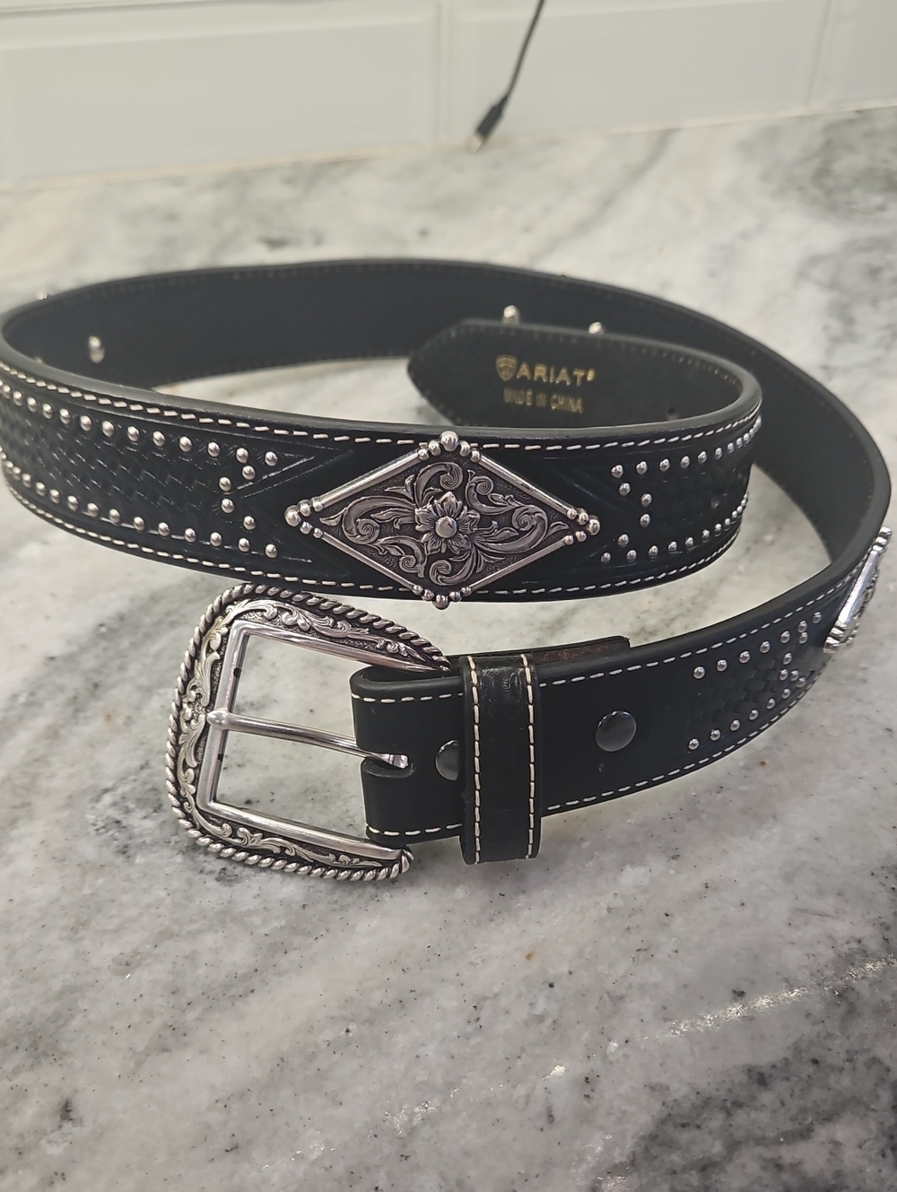 Ariat Cowboy Studded Leather Weave and Silver embellishment Western Belt 34